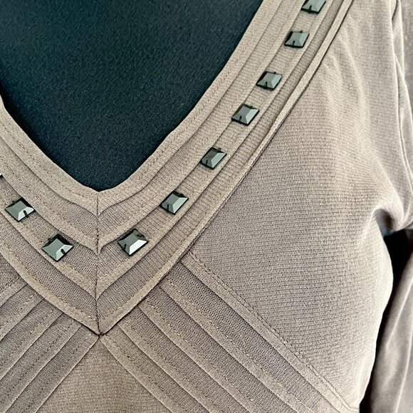 Olsen Brown Embellished V-Neck Blouse – Size Medium - Picture 3 of 9